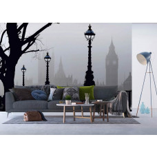 Eine Fototapete des magischen London mit Big Ben in einem Wohnzimmer mit Vliestapete.