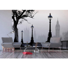 Eine Fototapete des magischen London mit Big Ben in einem Wohnzimmer.