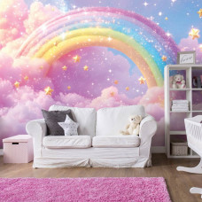 Fototapete mit Regenbogen, Wolken und Sternen in einem Kinderzimmer für ein Mädchen.
