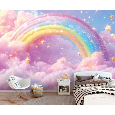 Fototapete mit Regenbogen und Sternen zwischen Wolken, verwendet in einem Kinderzimmer.