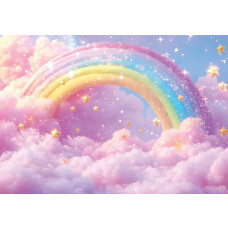 Fototapete mit einem bunten Regenbogen zwischen sanften, rosa Wolken und funkelnden Sternen.