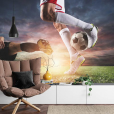 Fototapete, die eine magische Finte beim Fußball in einem Wohnzimmer zeigt.