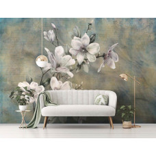 Eine Vintage-Fototapete mit einem Gemälde einer Magnolienblüte in einem eleganten Stil für ein Wohnzimmer.