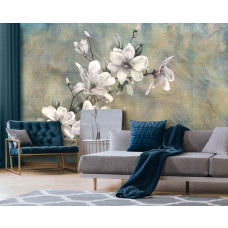 Eine elegante Fototapete mit Magnolienblüten in einem Vintage-Design, geeignet für ein Wohnzimmer.