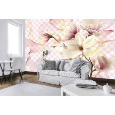 Eine Fototapete mit luxuriösen rosafarbenen Magnolienblüten auf Vlies, perfekt für ein elegantes Schlafzimmer.