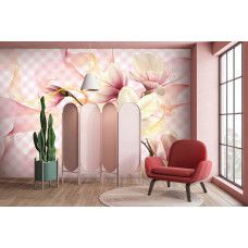 Eine Fototapete mit rosafarbenen Magnolien in einem luxuriösen Design, ideal für ein Wohnzimmer.
