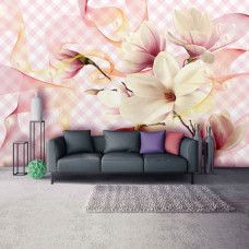 Eine Fototapete mit rosafarbenen Magnolien in einem luxuriösen Design, geeignet für ein stilvolles Wohnzimmer.