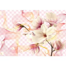 Magnolienblüten auf luxuriösem Vlies, dargestellt auf einem rosafarbenen Hintergrund in einer eleganten Fototapete.