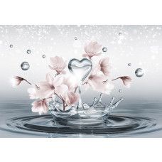 Magnolienblüten, abstrakt wiedergegeben auf einer Fototapete mit kunstvollen Wasserspritzern.