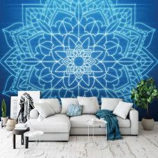 Eine blaue symmetrische Mandala-Fototapete für Wohnzimmer und Wohnbereich.