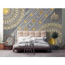 Eine Fototapete mit einem künstlerischen goldenen Mandala auf grauem Hintergrund, passend für ein ruhiges Schlafzimmer.