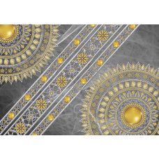 Fototapete mit einem grauen Mandala mit goldenen Details, ideal für ein elegantes und beruhigendes Zimmer.