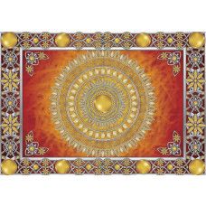 Fototapete mit einem goldenen Mandala mit tibetischem Muster, Symbole der buddhistischen Kunst.