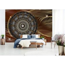 Fototapete mit einem abstrakten Mandala im indischen Stil, das eine ruhige Atmosphäre in einem Schlafzimmer schafft.