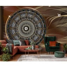 Fototapete mit einem künstlerischen Mandala im indischen Muster, perfekt für ein Wohnzimmer.