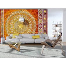 Eine Fototapete mit einem detaillierten roten Mandala mit künstlerischen Mustern für ein Wohnzimmer.