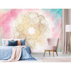 Eine pastellfarbene Mandala-Fototapete mit symmetrischen Elementen für das Schlafzimmer.