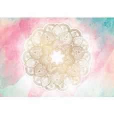 Fototapete eines pastellfarbenen Mandalas mit symmetrischen Elementen im abstrakten Kunststil.