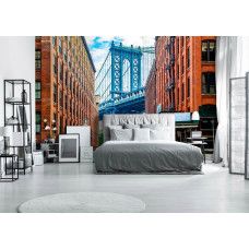 Eine Fototapete mit der Manhattan Bridge in Brooklyn, geeignet für ein Schlafzimmer.