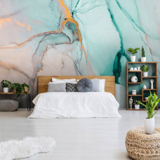 Eine Fototapete mit farbigem blauem Marmor und abstrakter Kunst auf dem Display im Schlafzimmer.