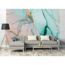 Eine Fototapete mit farbigem blauem Marmor und abstrakter Kunst auf dem Display im Wohnzimmer.