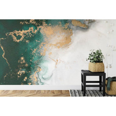Eine Fototapete mit abstraktem Marmor in Grün- und Goldtönen, mit industriellem Design in einem Esszimmer.