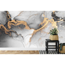 Eine Fototapete mit abstraktem weißen Marmor mit grauen und goldenen Akzenten, perfekt für eine Küche.