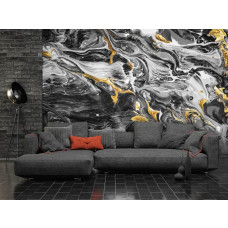 Eine Fototapete aus Marmor mit goldenen Akzenten im abstrakten Kunststil auf dem Display im Schlafzimmer und Wohnzimmer.