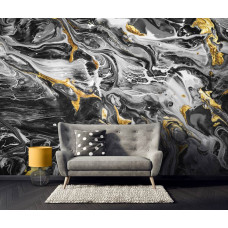 Eine Fototapete aus Marmor mit goldenen Akzenten im abstrakten Kunststil auf dem Display im Wohnzimmer.