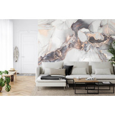 Eine Fototapete mit grauem Marmor mit goldenen Akzenten in einem Industriedesign in einem Wohnzimmer.