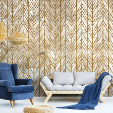 Eine elegante Fototapete mit einer Marmorwand und goldenen Linien, perfekt für ein Wohnzimmer.