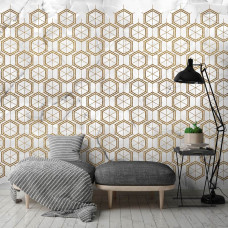 Eine moderne Marmor-Fototapete mit einer Kombination aus Gold- und Marmormuster, geeignet für ein Wohnzimmer.