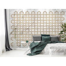 Eine Fototapete mit Marmor- und Golddekorationen in einem luxuriösen Stil, ideal für ein Schlafzimmer.