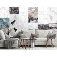 Eine Vliestapete mit Marmor-Mosaikfliesen im industriellen Design, perfekt fürs Wohnzimmer.