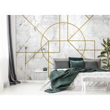 Eine elegante Fototapete mit goldener Geometrie und einem Marmorstil, perfekt für ein Schlafzimmer.