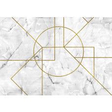 Diese Fototapete kombiniert Marmor mit geometrischen Mustern in Gold, wodurch ein Gefühl von Luxus und Raffinesse entsteht.