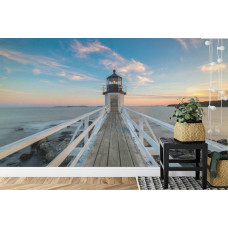 Ein Fototapete mit einer friedlichen Szene des Marshall Point Leuchtturms und des umliegenden Hafens, geeignet für eine Küche.
