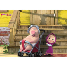 Fototapete von Mascha und dem Bären, bunt und verspielt gestaltet.