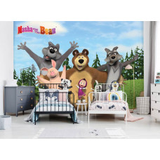 Eine Fototapete mit Mascha und dem Bären in einem kindgerechten Design für das Kinderzimmer.