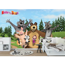 Eine Fototapete mit Mascha und dem Bären im Stil einer Kindertapete für das Kinderzimmer.