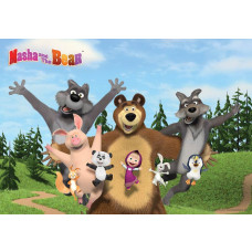 Fototapete mit Mascha und dem Bären in verschiedenen lustigen Szenen.