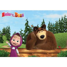 Fototapete mit Mascha und dem Bären in leuchtenden Farben, mit den Hauptfiguren in einer verspielten Umgebung.