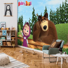 Fototapete mit Mascha und dem Bären in einem verspielten Design für das Babyzimmer.