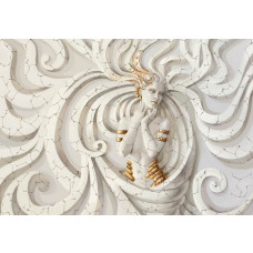 Medusa-Skulptur, dargestellt auf einer künstlerischen Fototapete mit Skulpturen und Abstraktion.