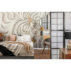 Eine Fototapete mit einer Medusa-Skulptur im abstrakten Kunststil für das Schlafzimmer.