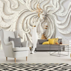 Eine Fototapete mit einer Medusa-Skulptur in einer künstlerischen und abstrakten Komposition.