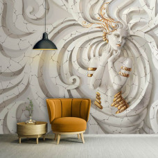 Eine Fototapete mit einer abstrakten Medusa-Skulptur, geeignet für ein Wohnzimmer.