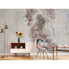 Fotobehang dromerig meisje met rozen en bogen in een kantoor, zachte pastelkleuren.