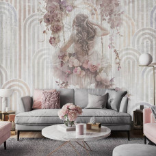 Fotobehang dromerig meisje op schommel met bloemen in een woonkamer, vintage boogpatronen.