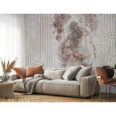 Fotobehang meisje in bloemrijke fantasiewereld in een woonkamer, zachte pasteltinten en rozen.